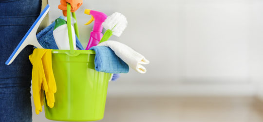 Holding a bucket with spring cleaning supplies.
